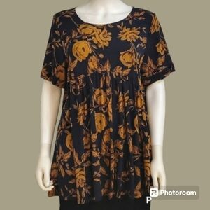 HONEYME Coquette Navy Blue Gold Rose Floral Babydoll Swing Blouse